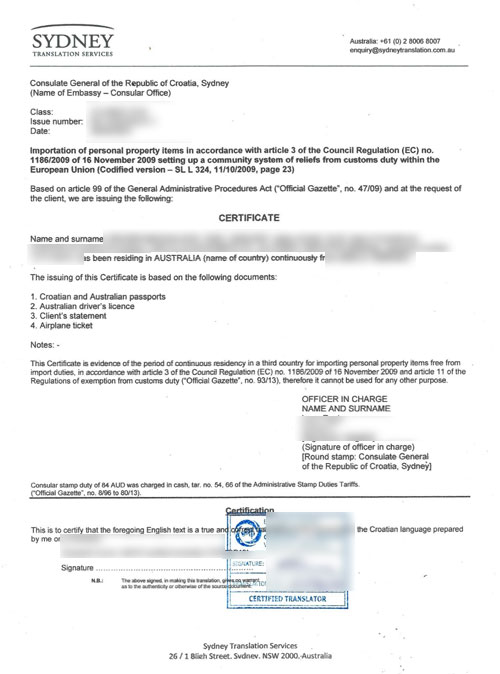 Croatian translator for Residence Duration Certificate translation