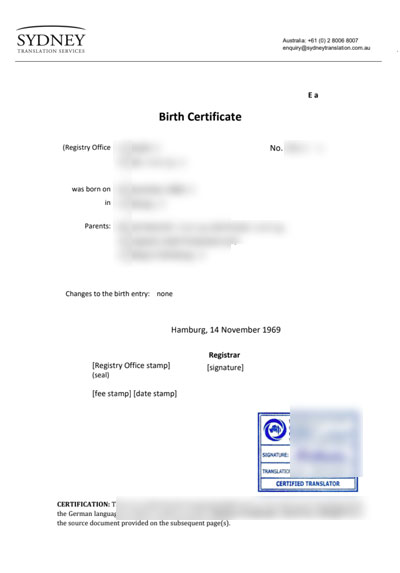 German translator birth certificate translation